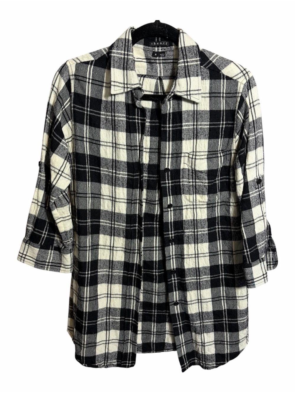Theory Button Down Virgin Wool blend plaid flannel 3/4 sleeves